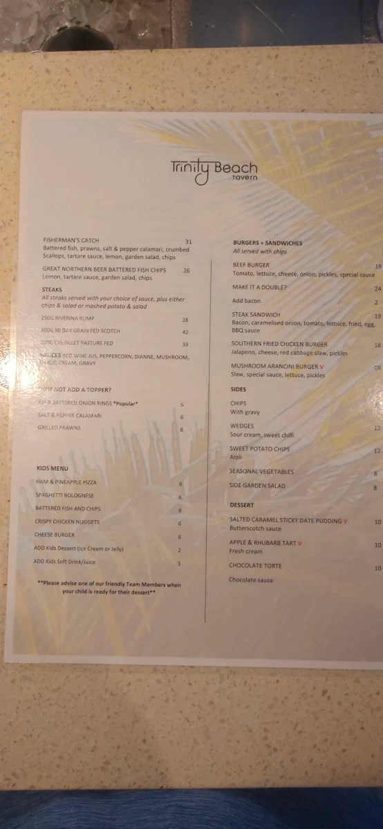 Menu, Trinity Beach Tavern