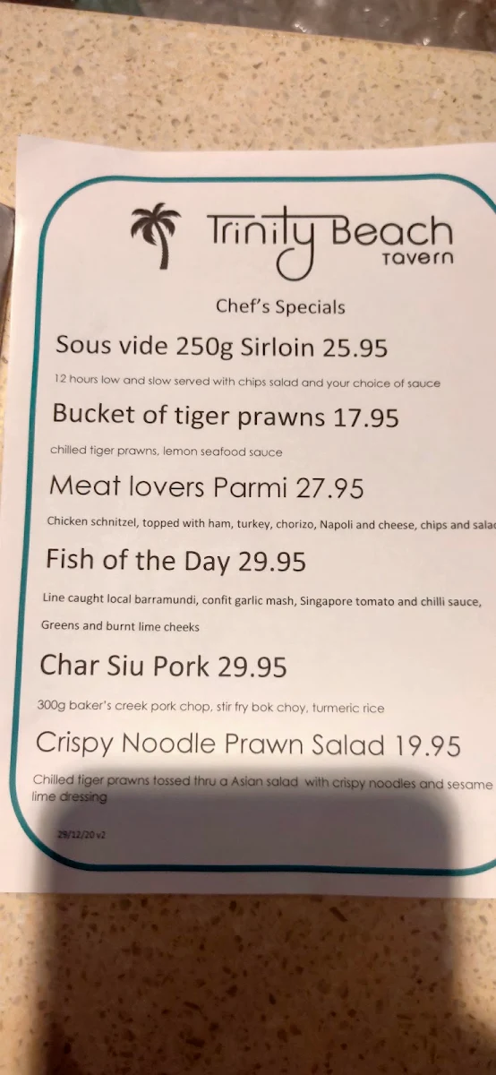 Menu, Trinity Beach Tavern