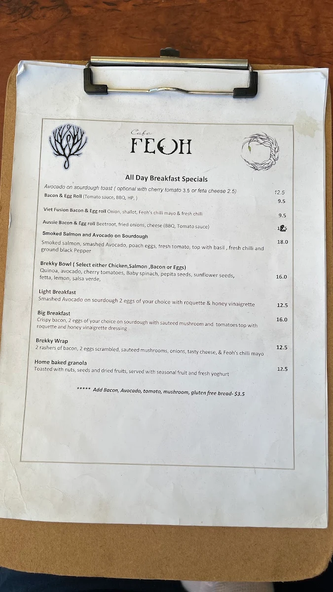 Menu, Cafe Feoh