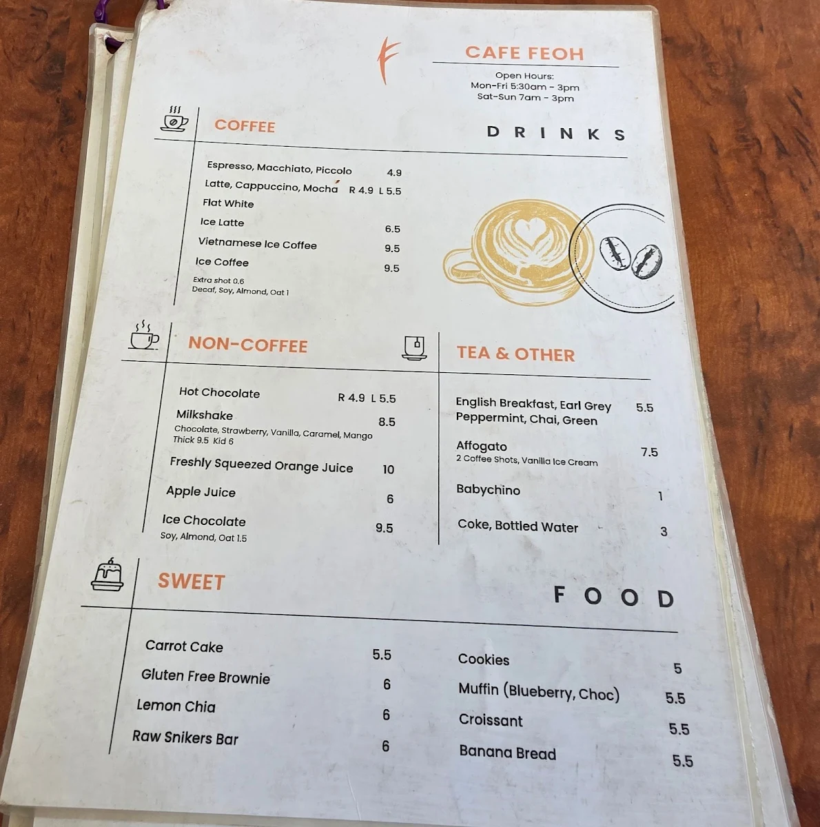 Menu, Cafe Feoh