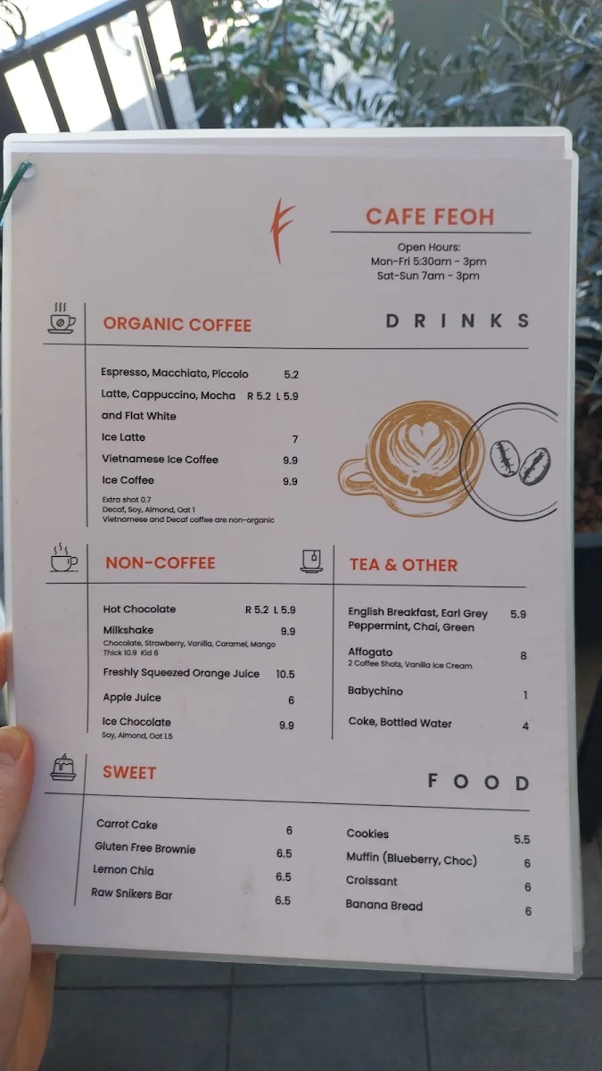Menu, Cafe Feoh