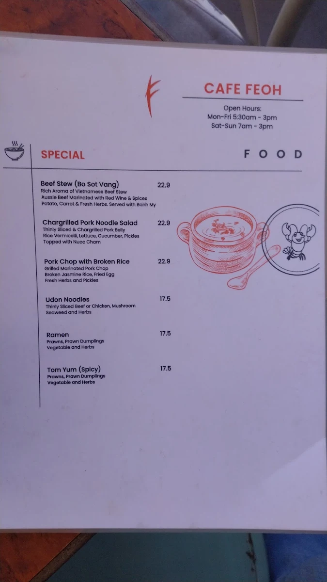 Menu, Cafe Feoh