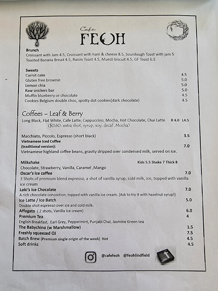 Menu, Cafe Feoh