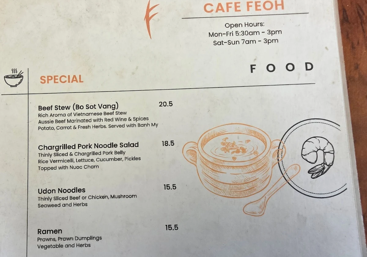 Menu, Cafe Feoh