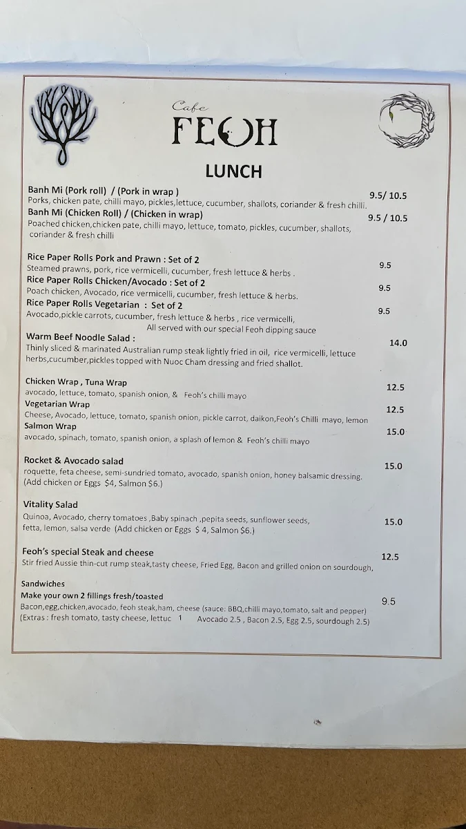 Menu, Cafe Feoh