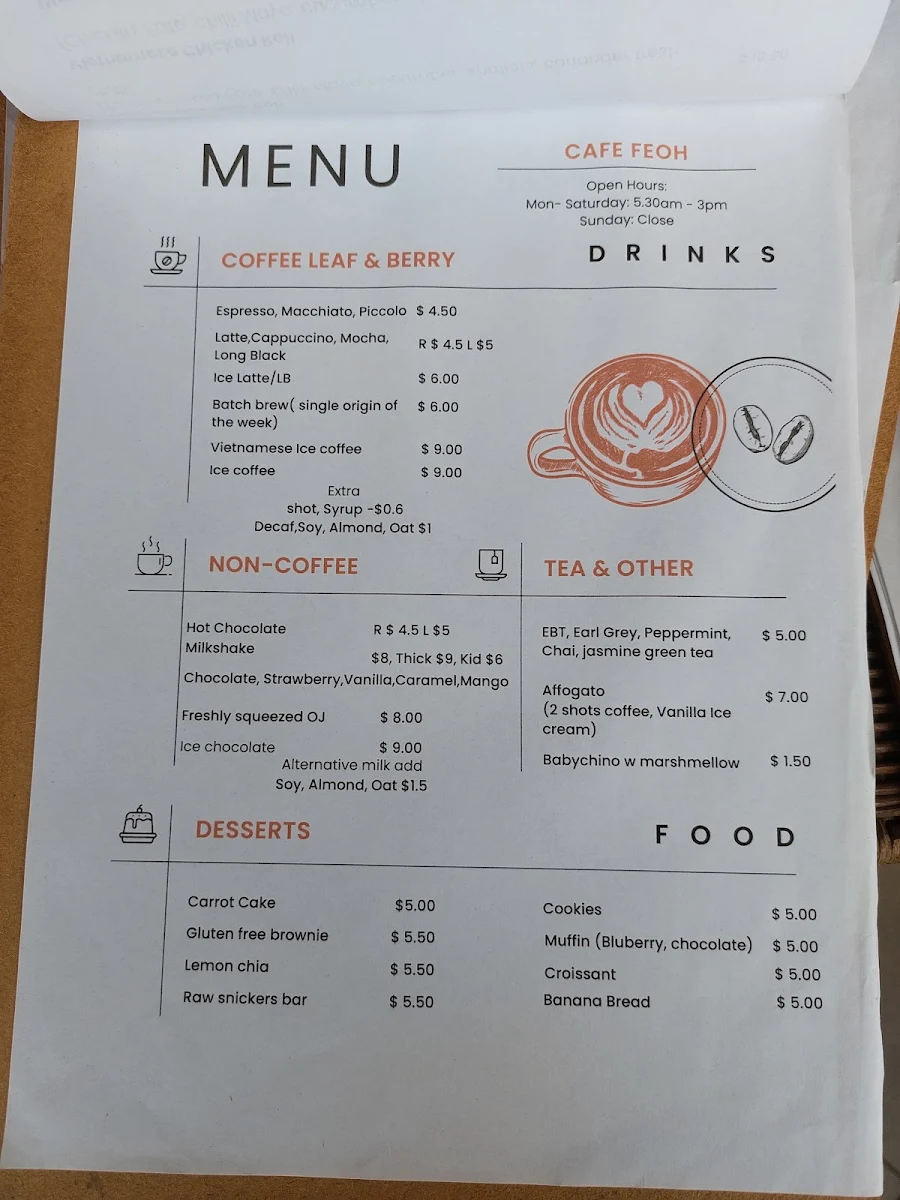 Menu, Cafe Feoh