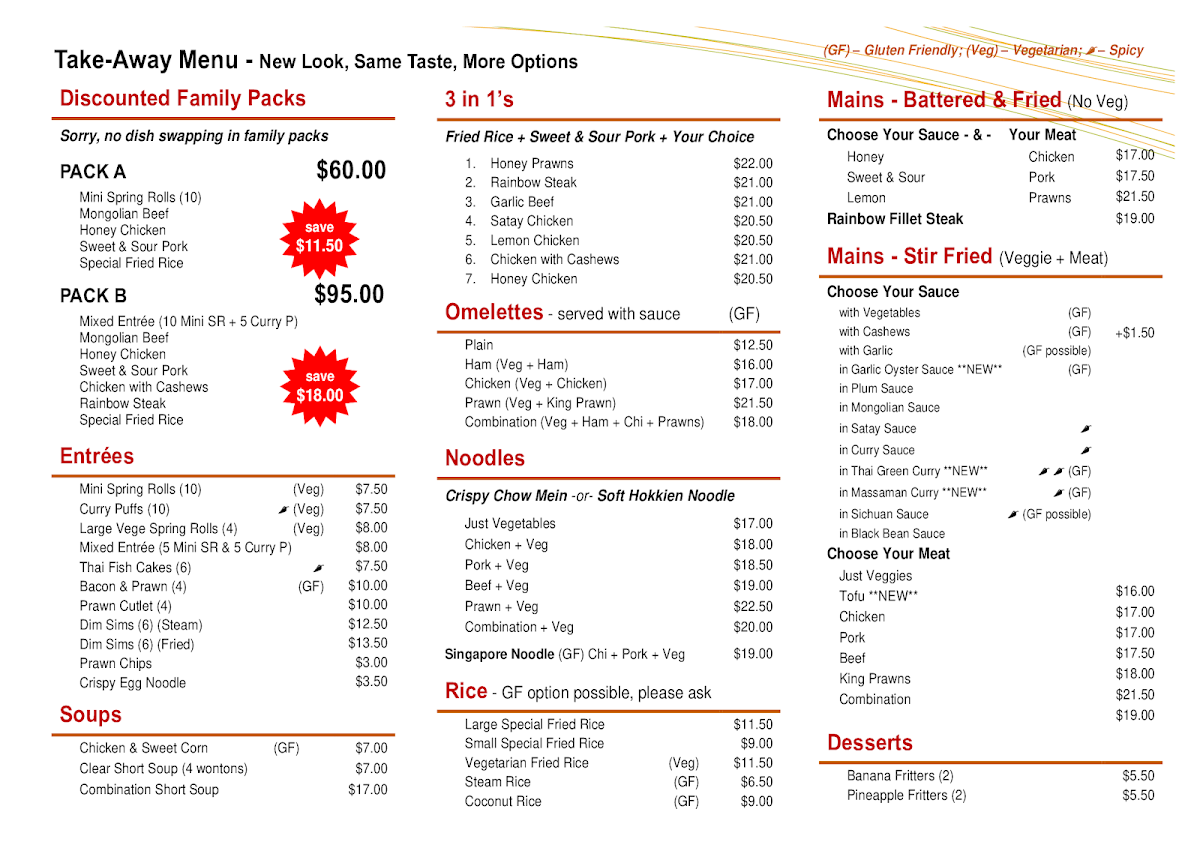 Menu, Pittsworth Chinese Restaurant