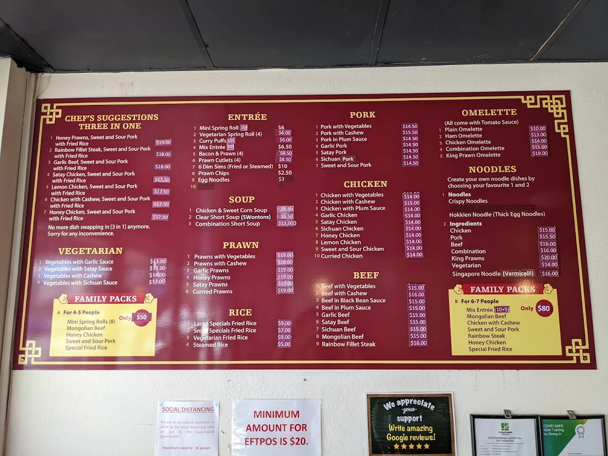 Menu, Pittsworth Chinese Restaurant