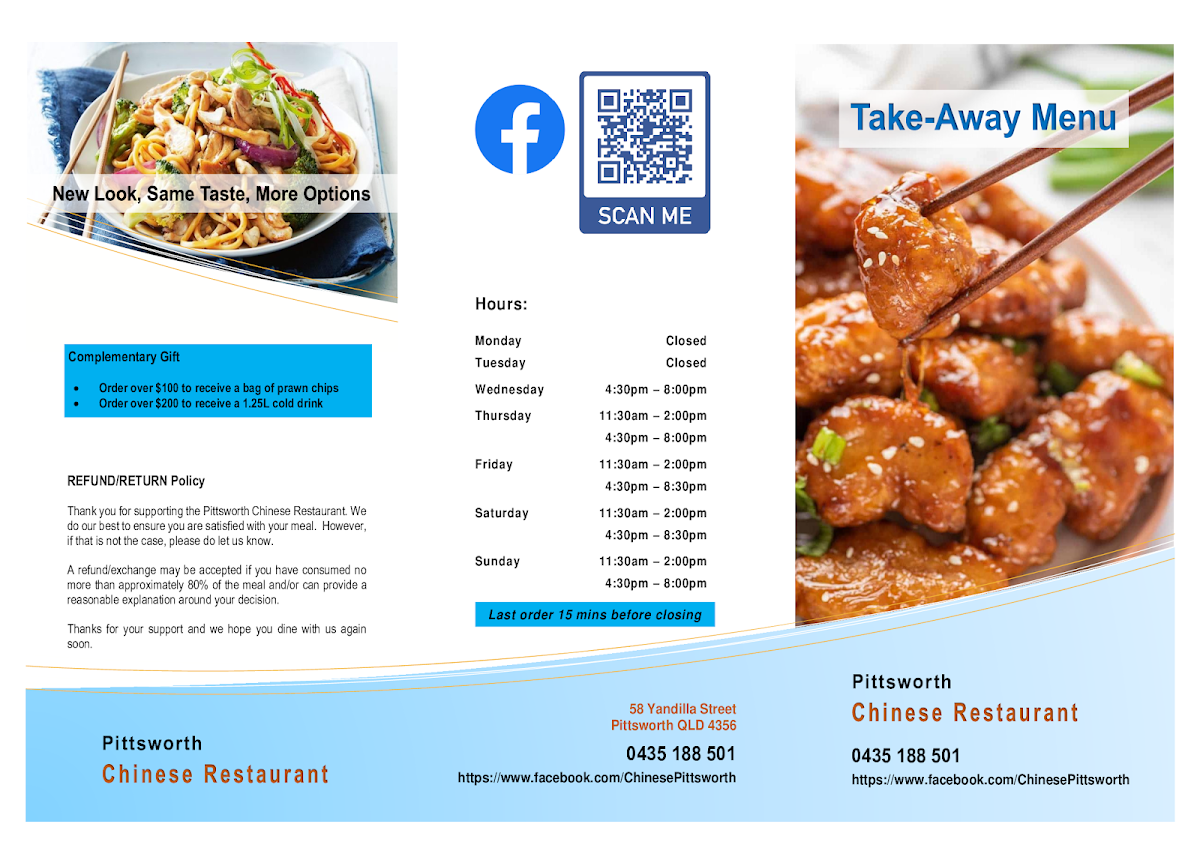 Menu, Pittsworth Chinese Restaurant