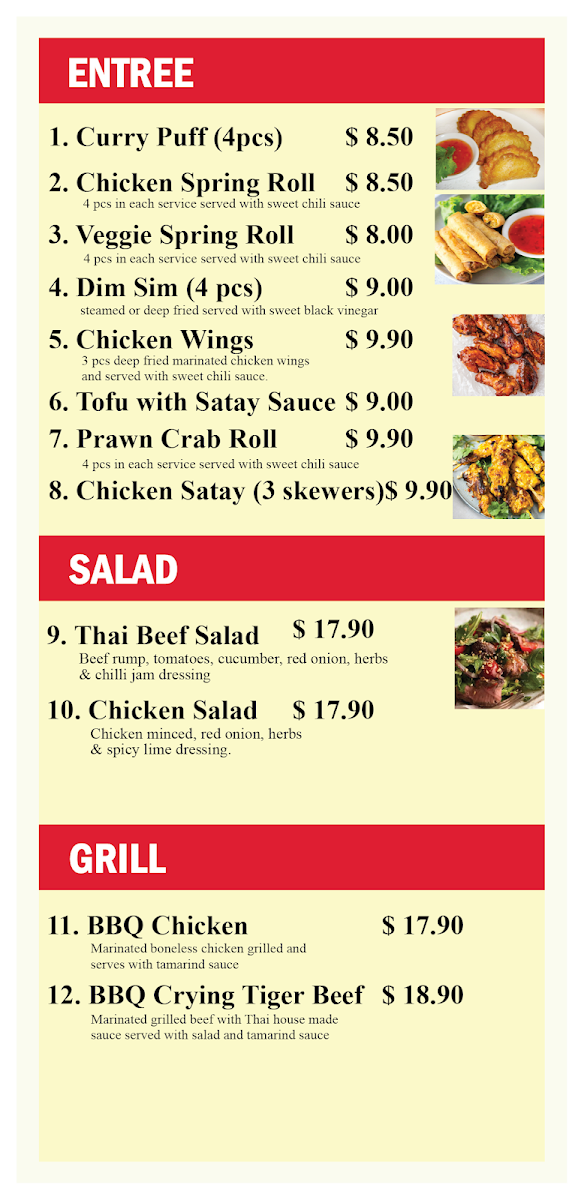 Menu, Simply Thai Food