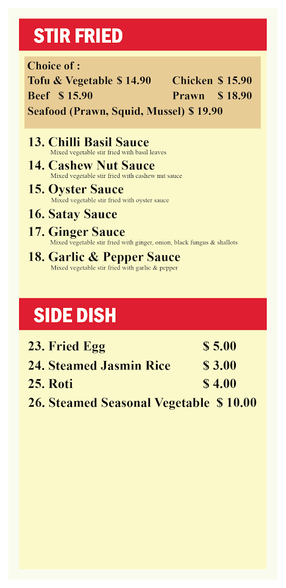 Menu, Simply Thai Food