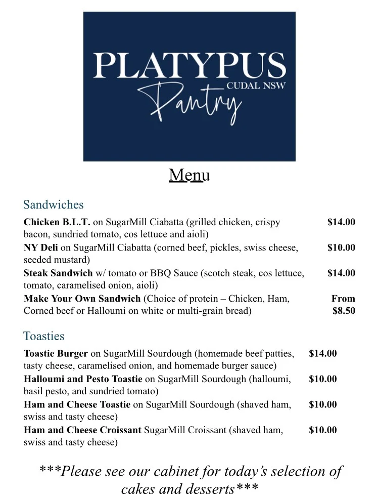 Menu, Platypus Pantry