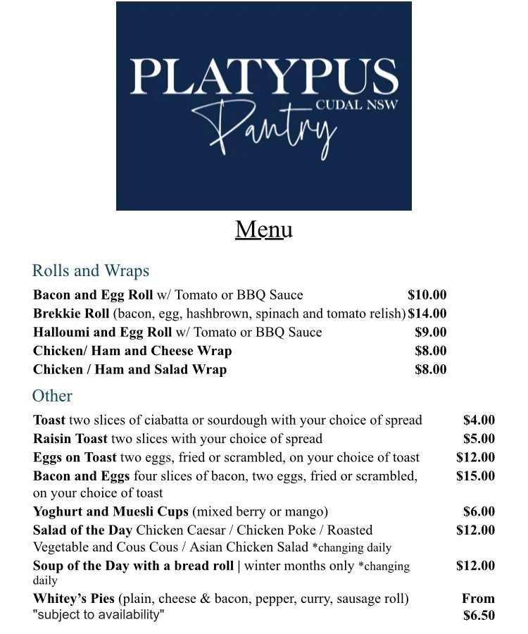 Menu, Platypus Pantry