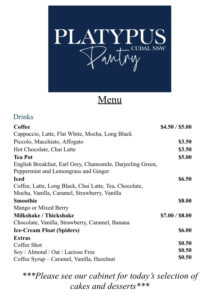 Menu, Platypus Pantry