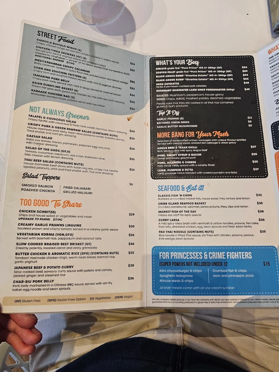 Menu, Cribb Island Beach Club