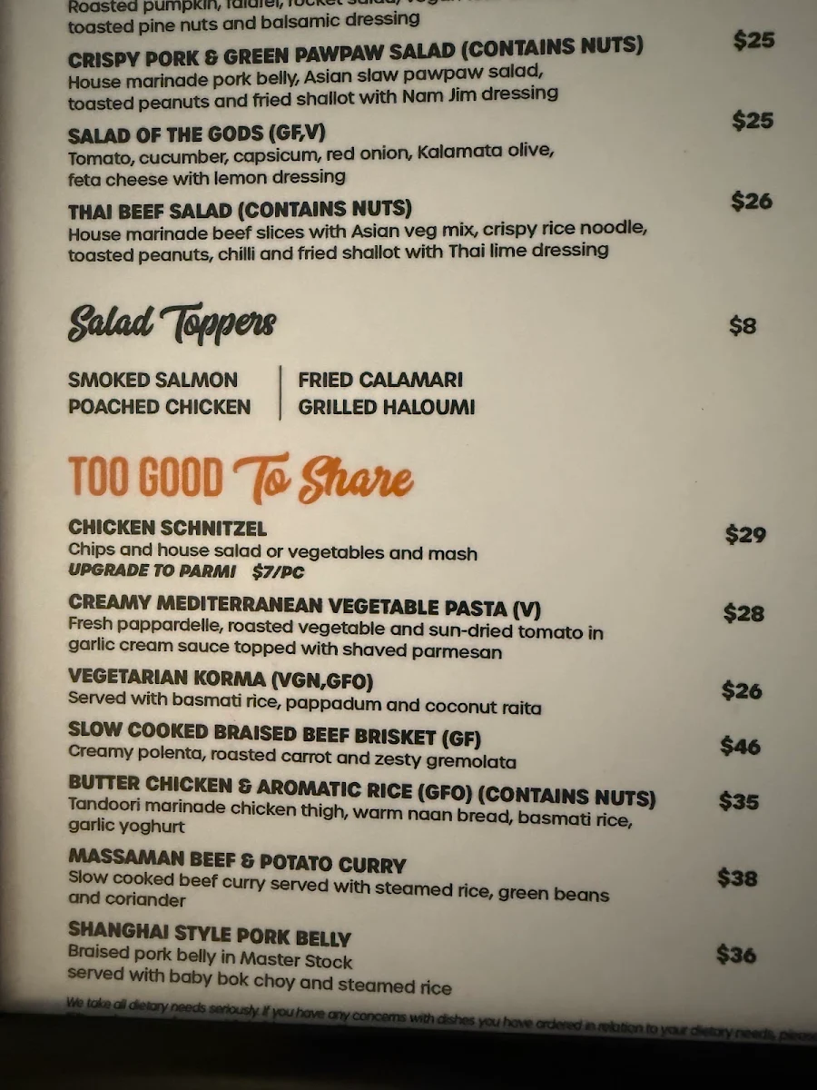Menu, Cribb Island Beach Club