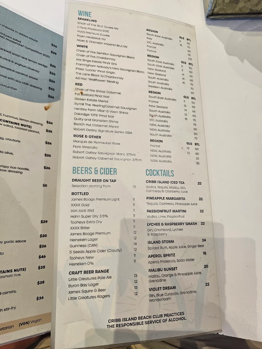 Menu, Cribb Island Beach Club