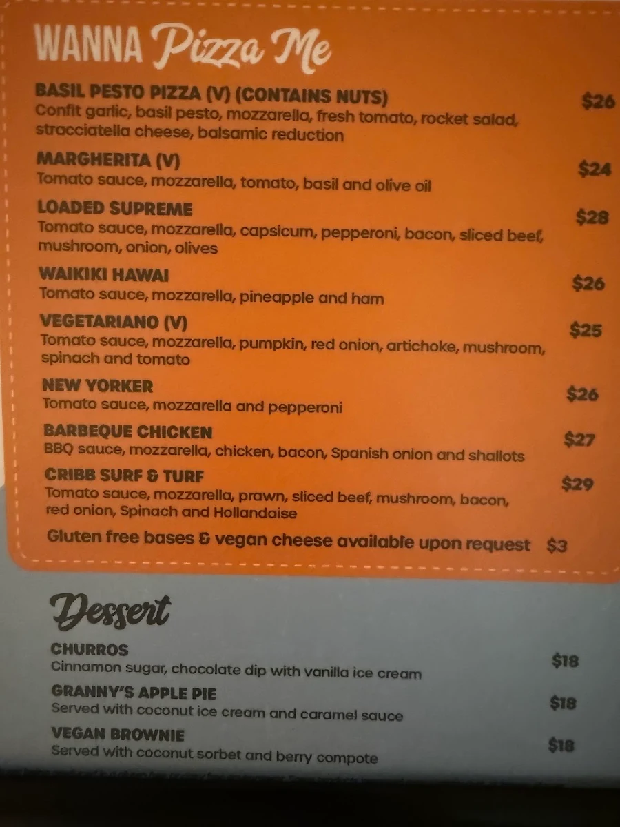 Menu, Cribb Island Beach Club