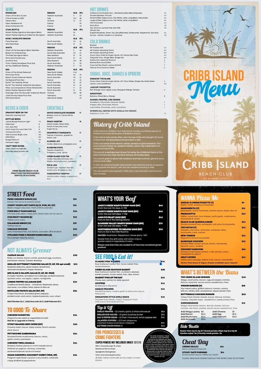 Menu, Cribb Island Beach Club