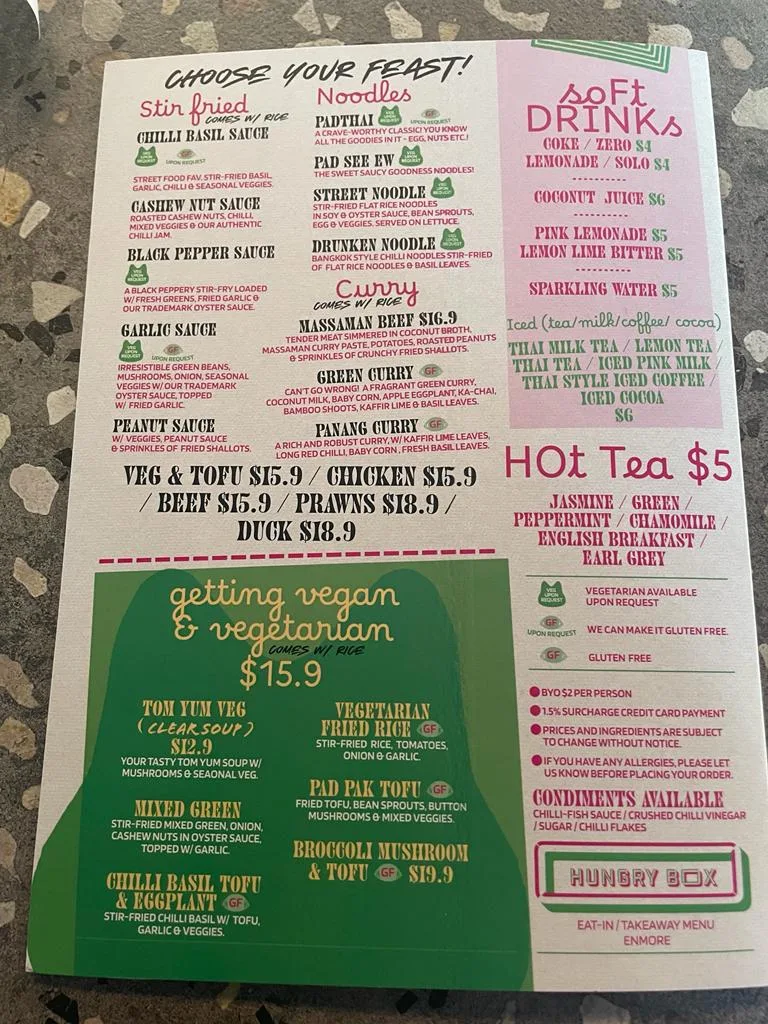 Menu, Hungry Box Thai