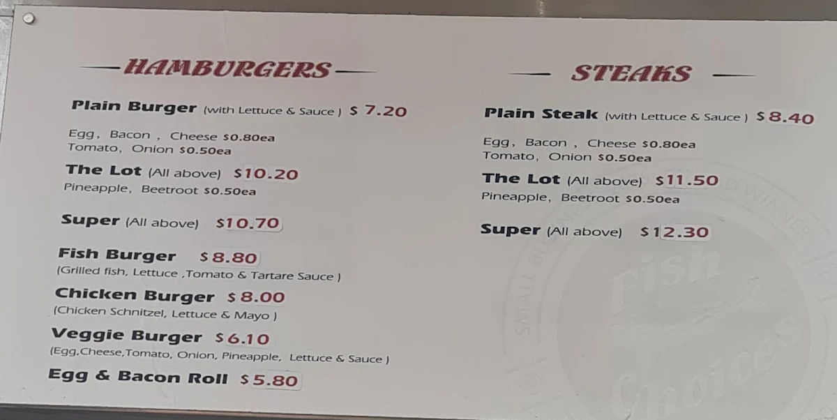 Menu, Fish Choices