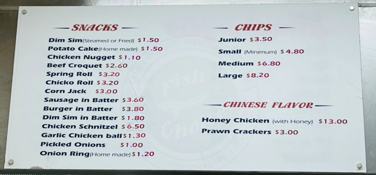 Menu, Fish Choices