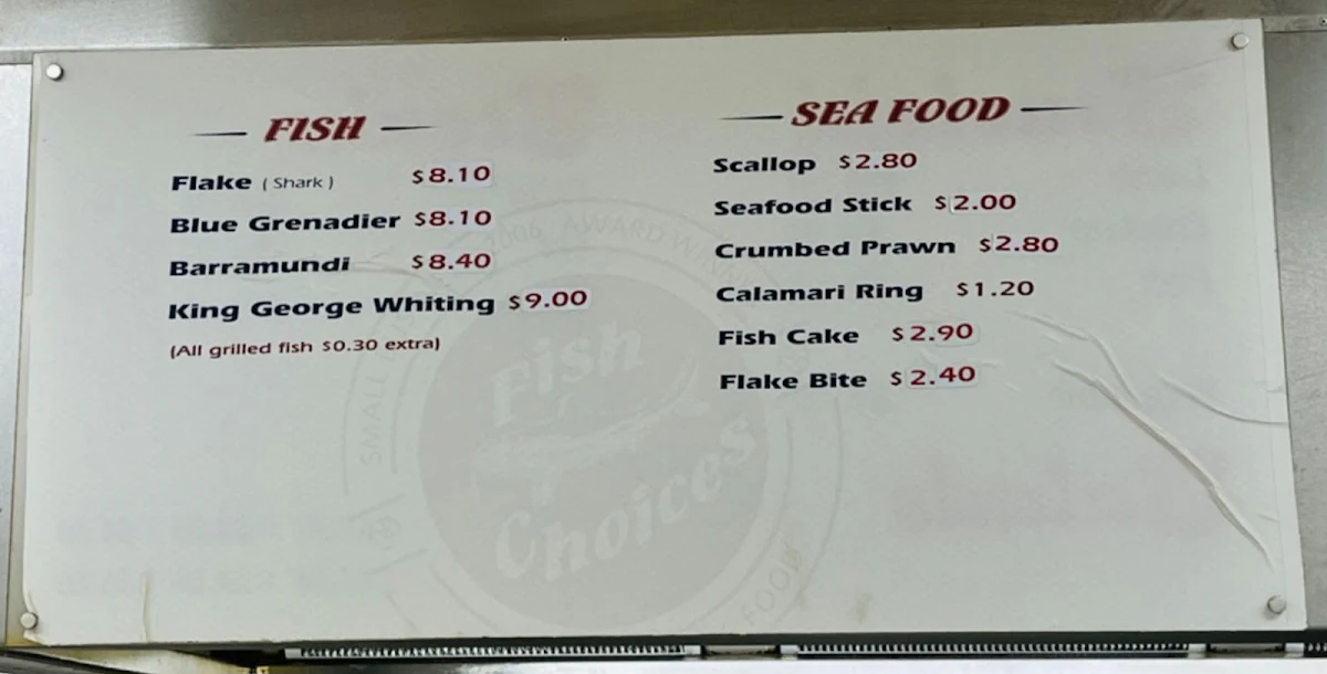 Menu, Fish Choices