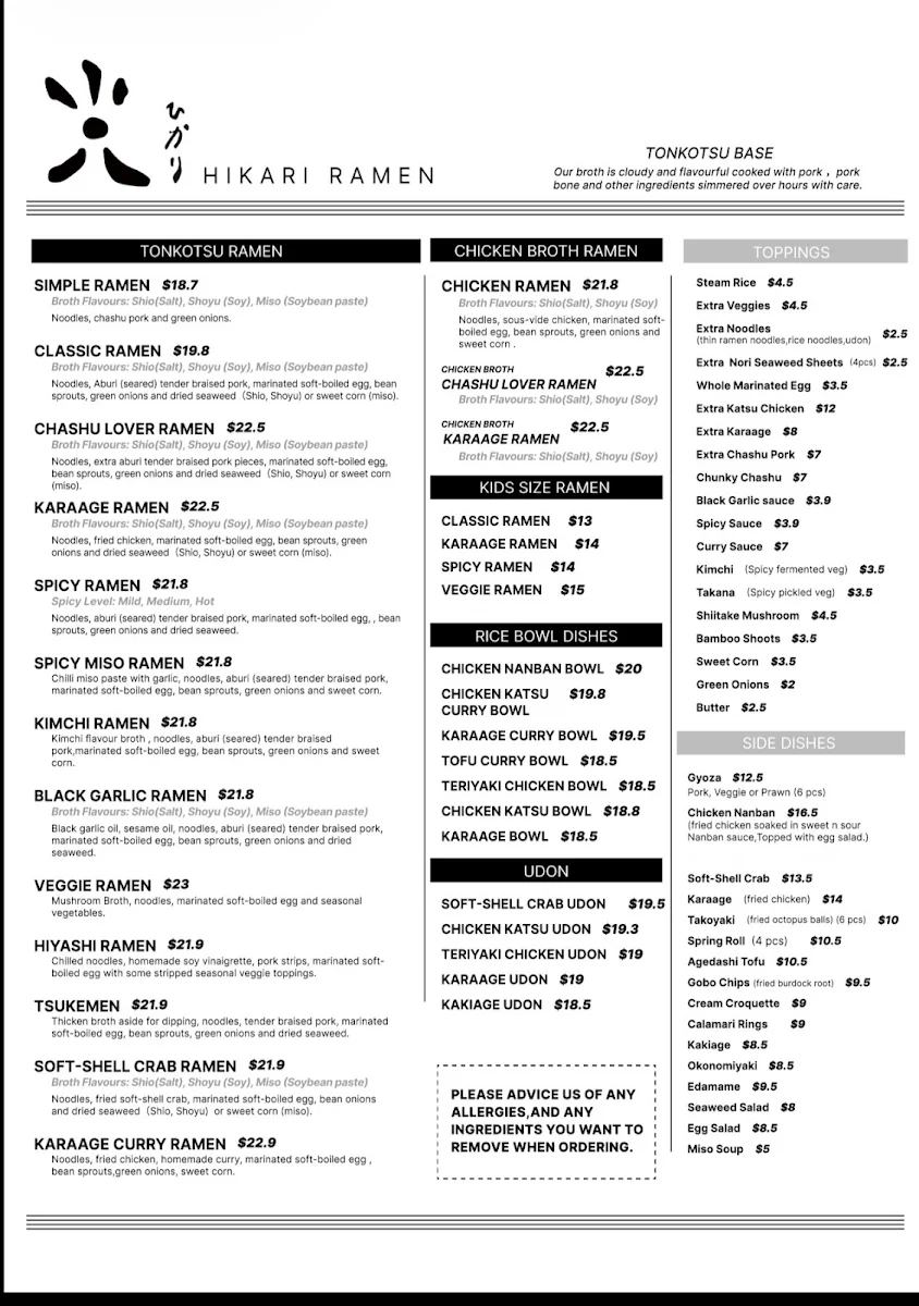 Menu, Hikari Ramen