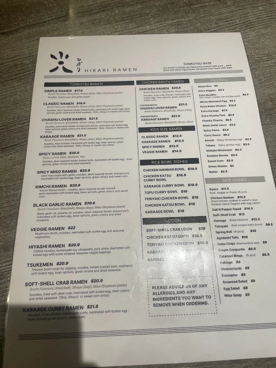Menu, Hikari Ramen