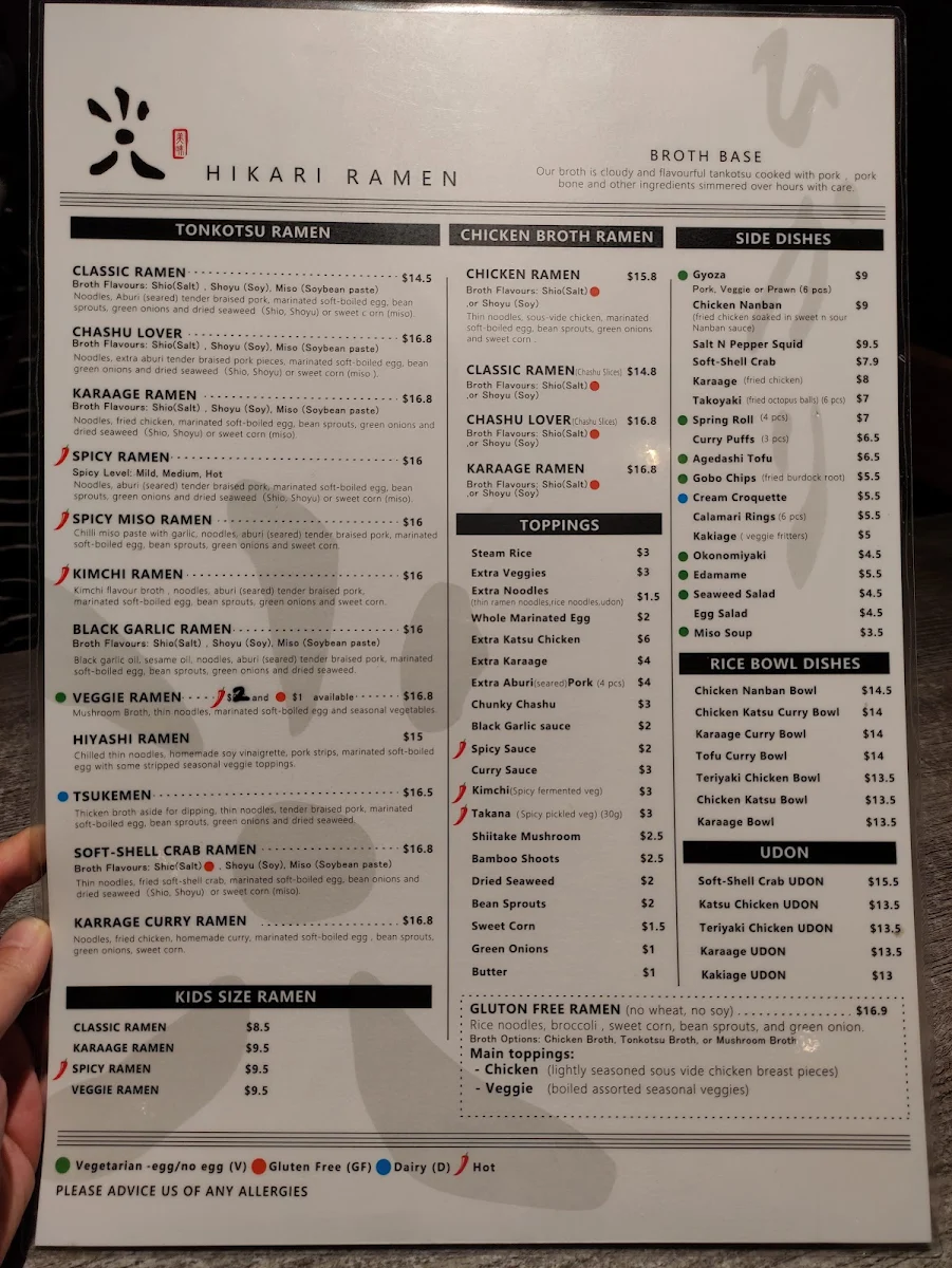 Menu, Hikari Ramen