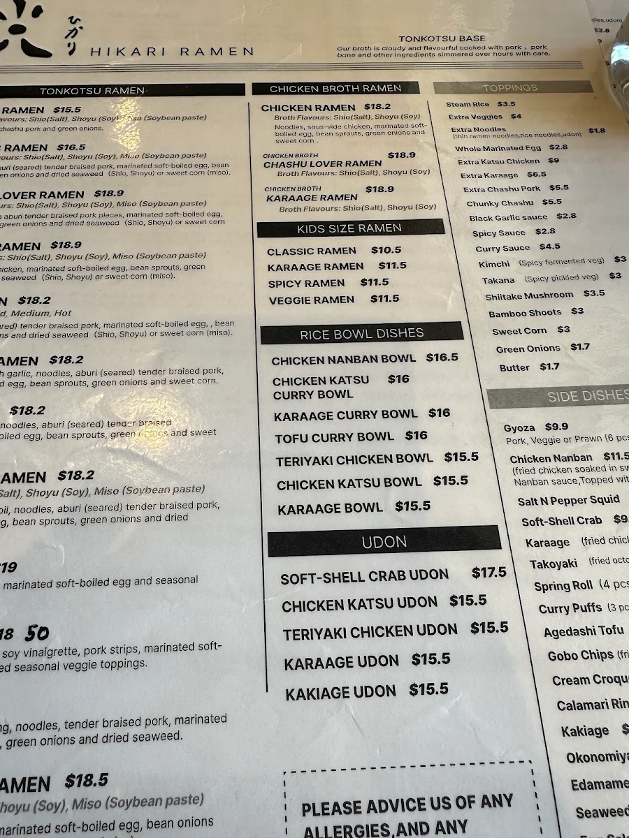 Menu, Hikari Ramen