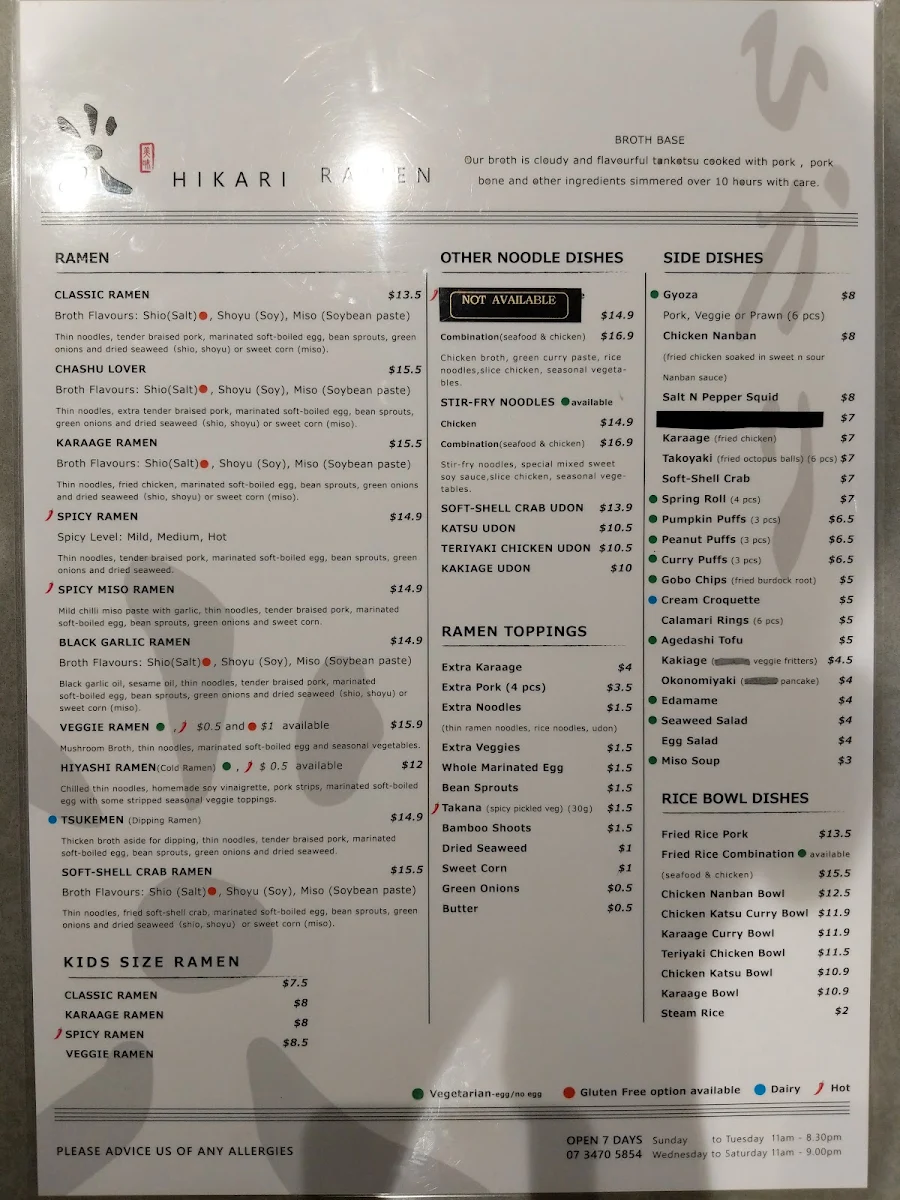 Menu, Hikari Ramen