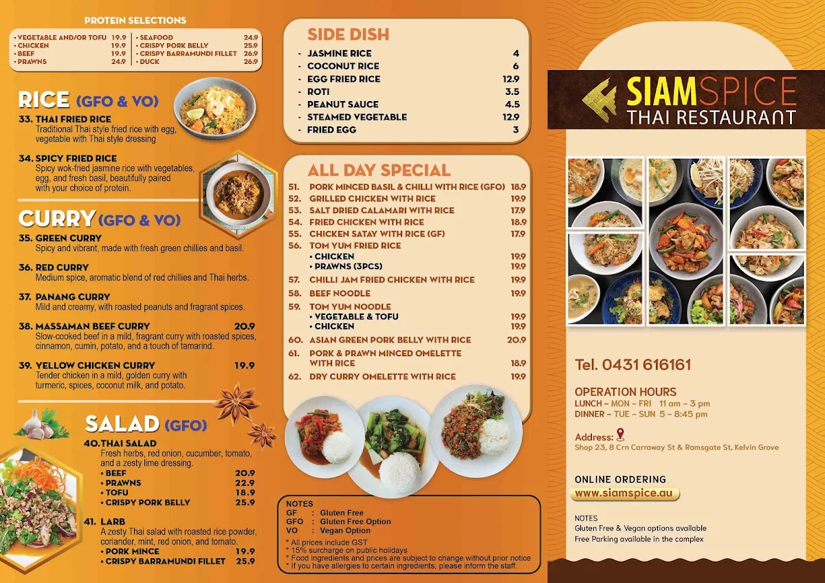 Menu, Siam Spice (Kelvin Grove)