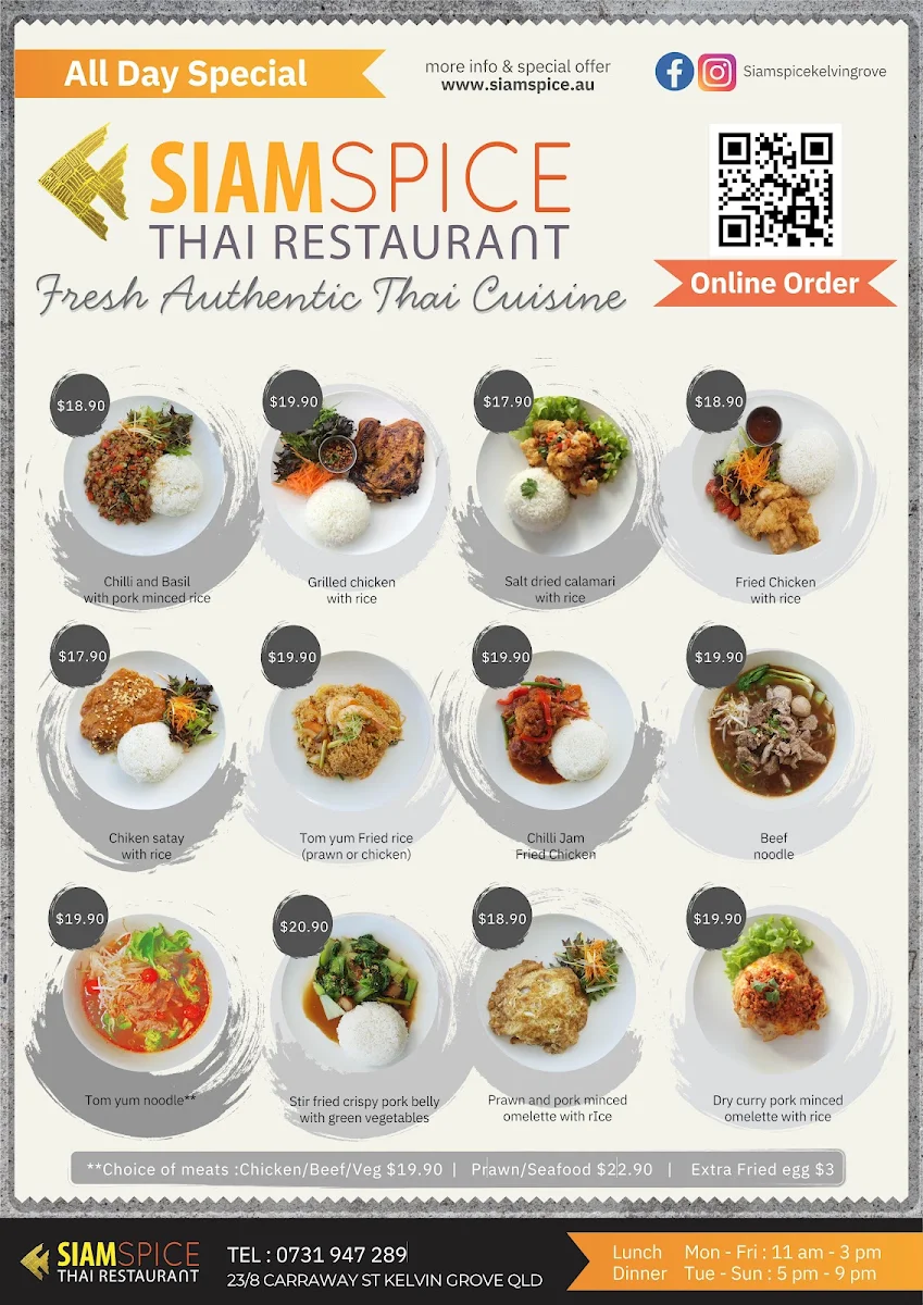 Menu, Siam Spice (Kelvin Grove)