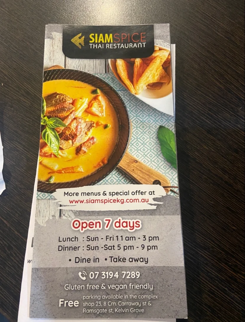 Menu, Siam Spice (Kelvin Grove)