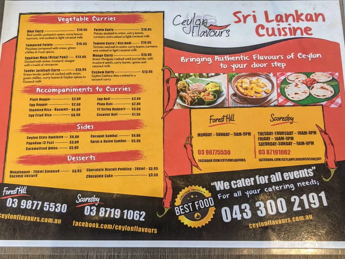 Menu, Ceylon Flavours Scoresby