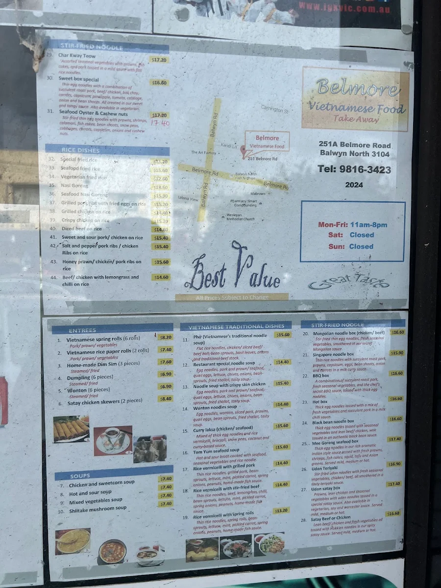 Menu, Belmore Vietnamese Food