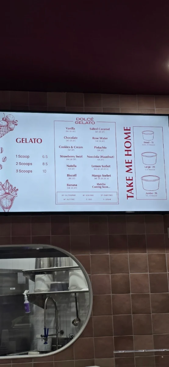 Menu, Dolce Bakehouse & Gelato
