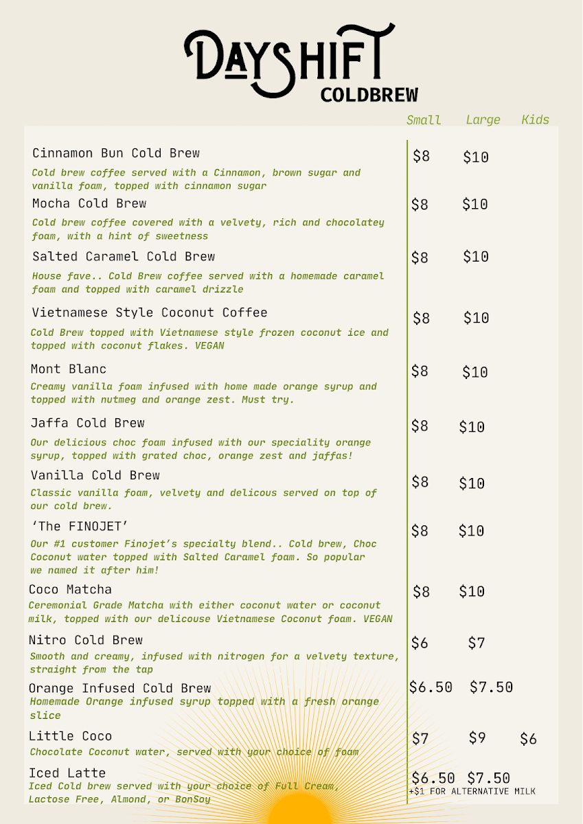 Menu, Dayshift Cold Brew