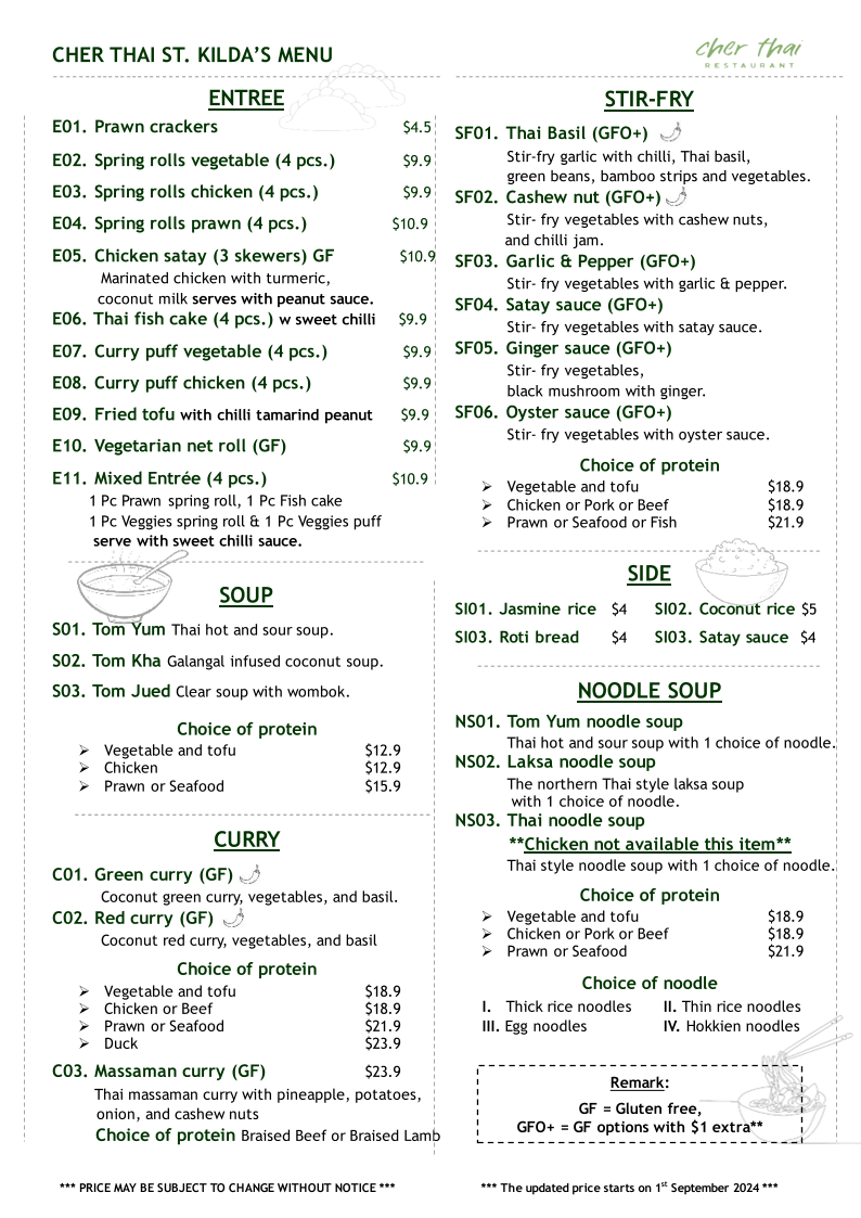 Menu, Cher Thai St.Kilda