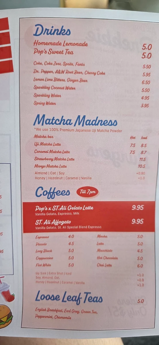 Menu, Pop’s Milk Bar