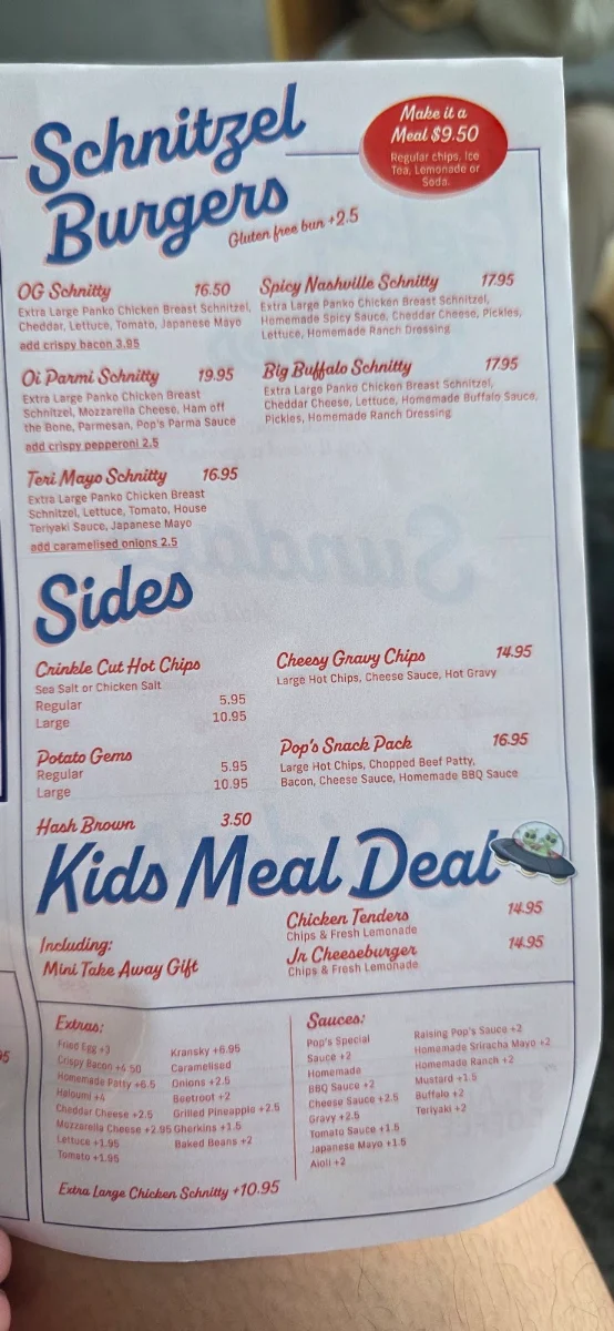Menu, Pop’s Milk Bar