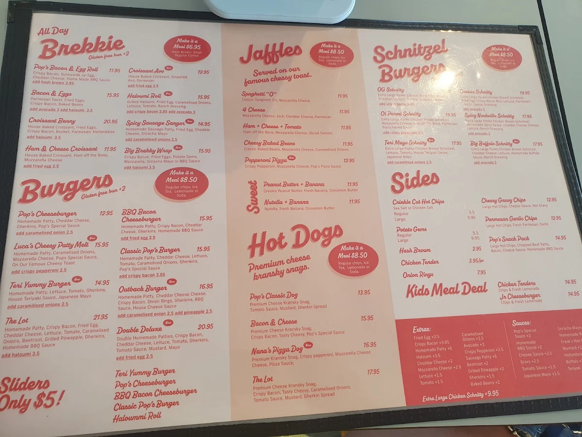 Menu, Pop’s Milk Bar