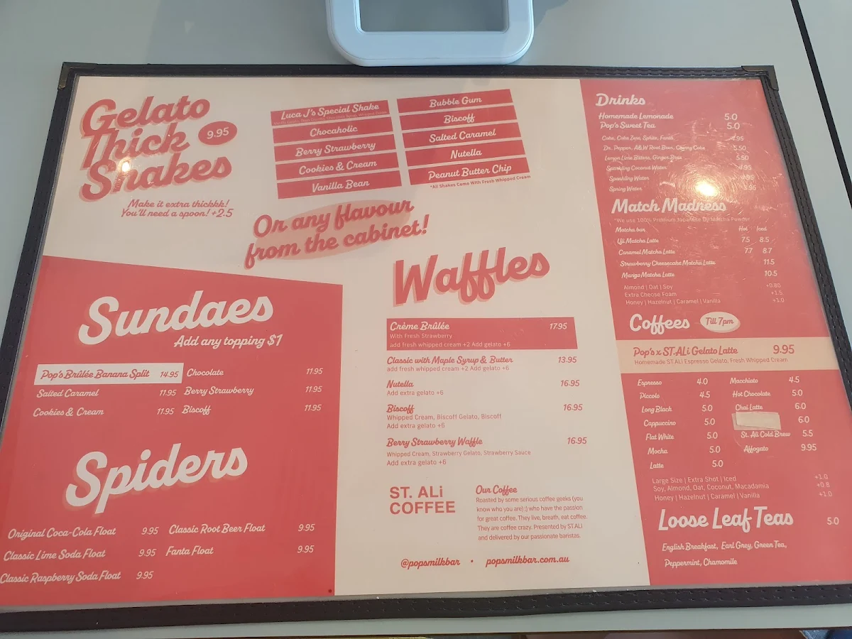 Menu, Pop’s Milk Bar