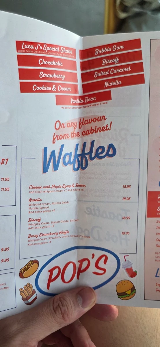 Menu, Pop’s Milk Bar