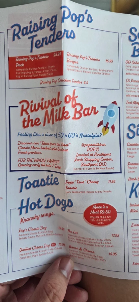 Menu, Pop’s Milk Bar