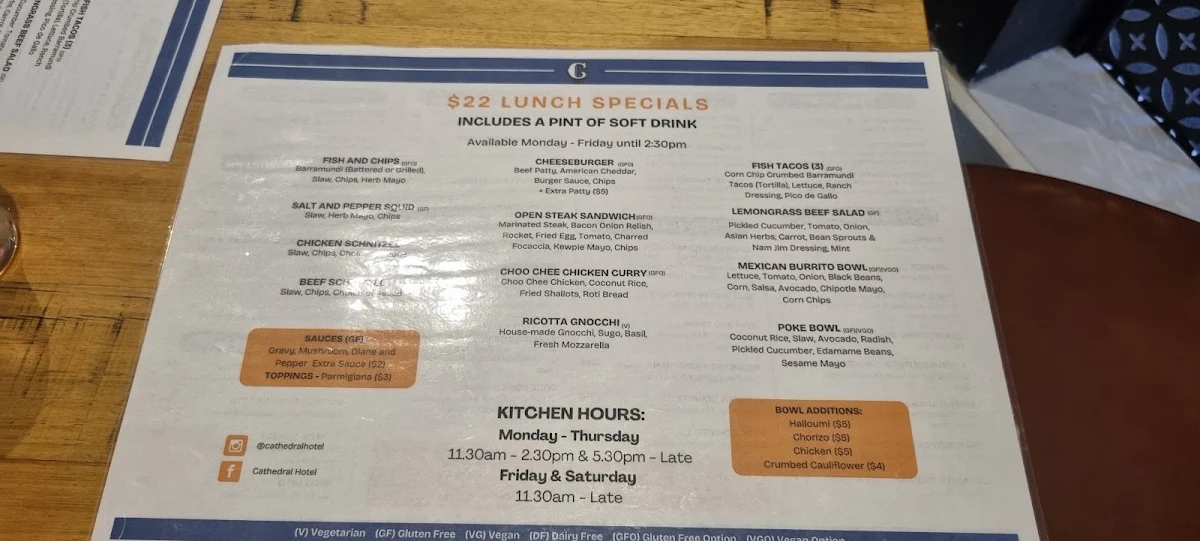 Menu, Cathedral Hotel