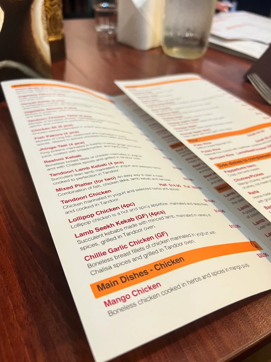 Menu, Chalisa Indian Restaurant