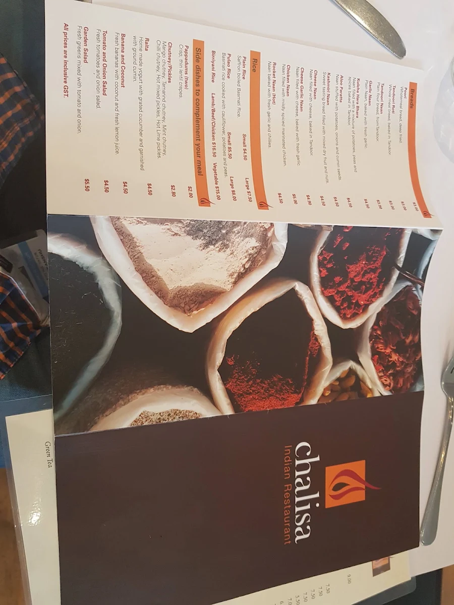 Menu, Chalisa Indian Restaurant