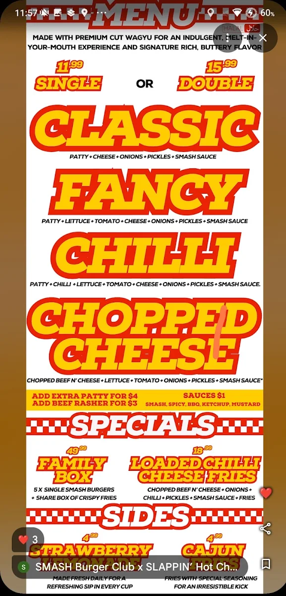 Menu, SMASH Burger Club x SLAPPIN’ Hot Chicken (Hallam)